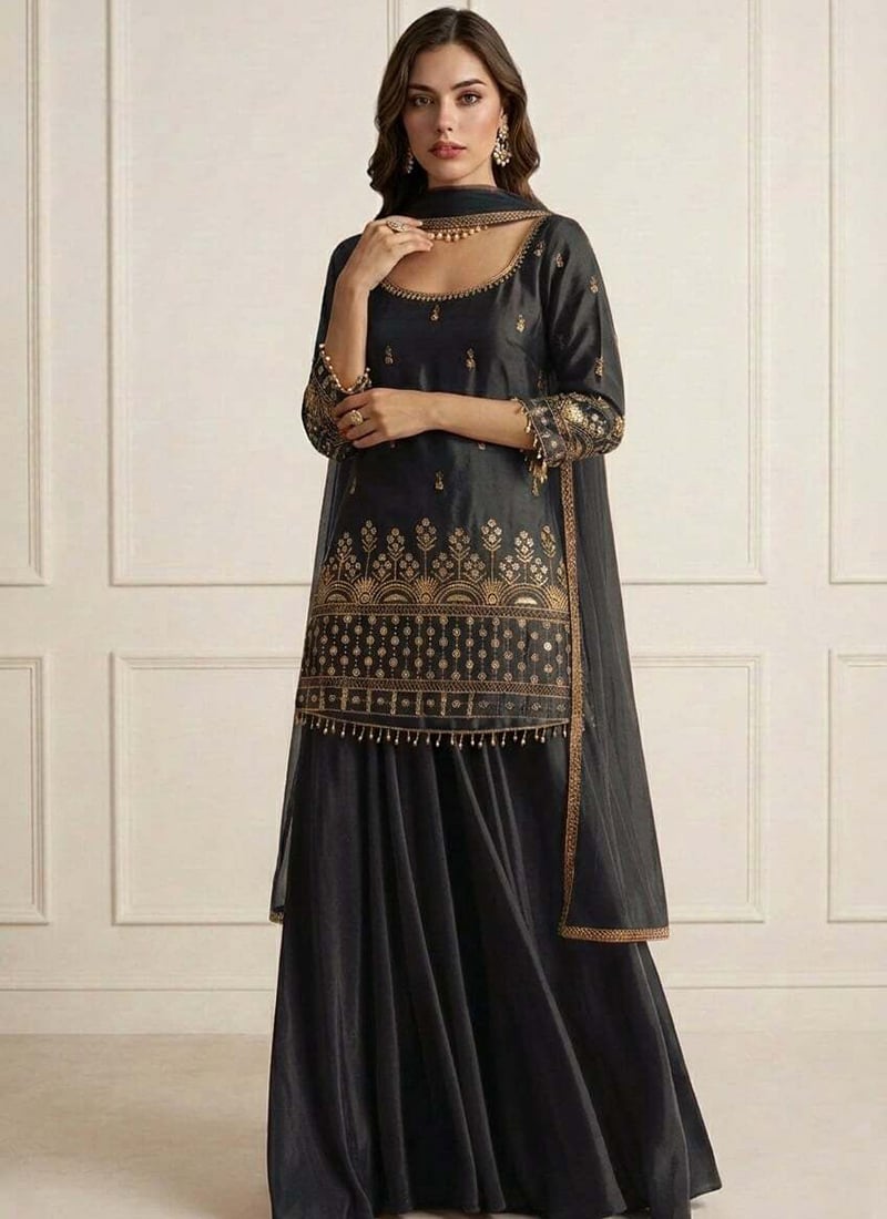 Delicate Black Art Silk Embroidered Sharara Suit Festive Wear