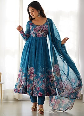 Delicate Blooms In Teal Soft Organza Floral Digital Print Anarkali Suit