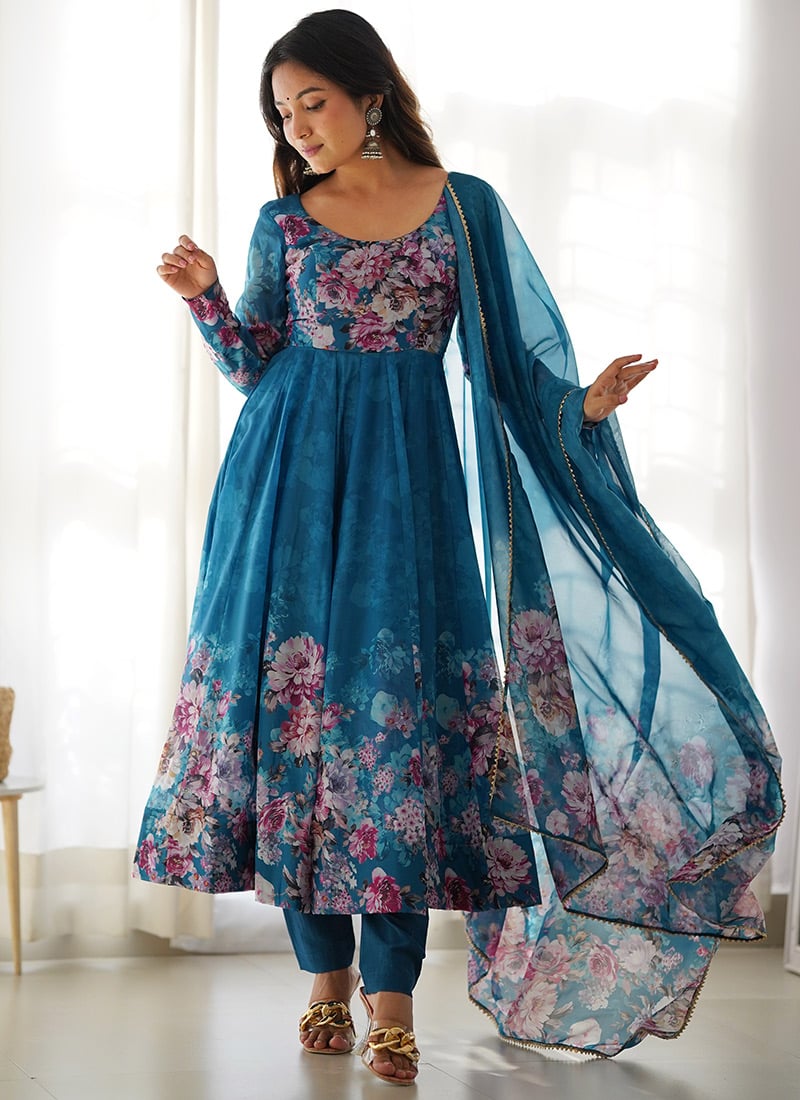 Delicate Blooms In Teal Soft Organza Floral Digital Print Anarkali Suit After Six Wear