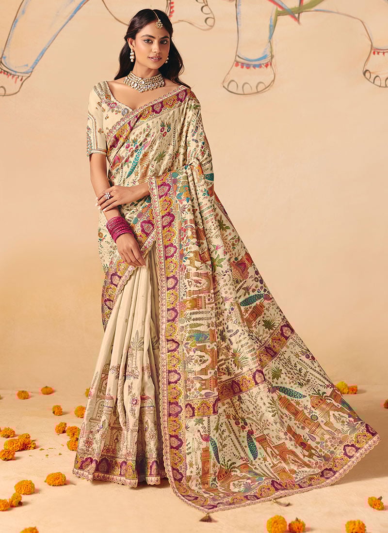 Delicate Cream Dola Silk Zari Embroidered Sequins Cut Work Jacquard Print Saree Wedding Wear