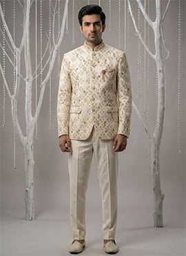 Delicate Cream Silk Embroidered Thread Bandhgala Suit