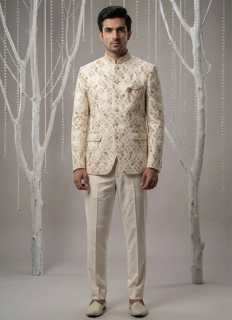 Delicate Cream Silk Embroidered Thread Bandhgala Suit Wedding Wear
