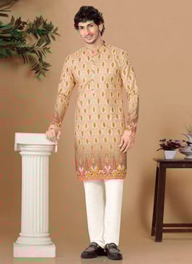 Delicate Cream Soft Cotton Sequins Embroidered Printed Kurta Pyjama