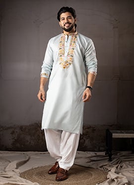 Delicate Ice Blue Linen Embroidered Sequins Thread Kurta Pyjama