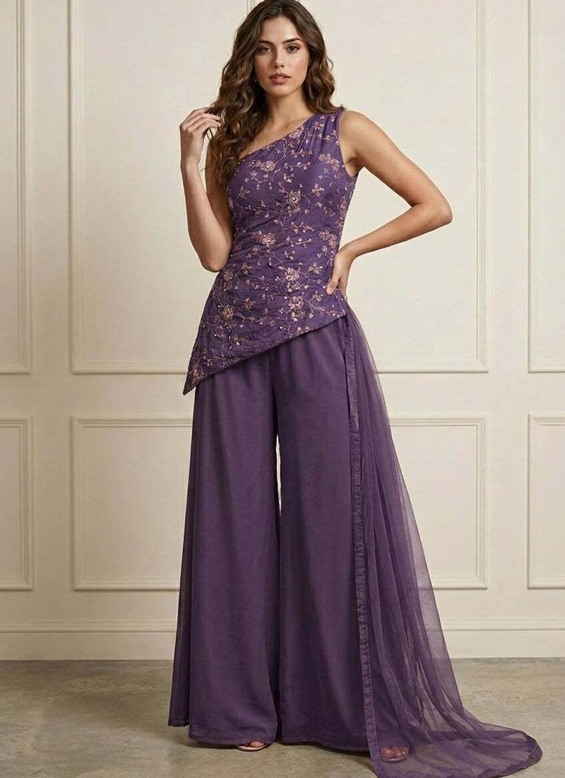 Delicate Lavender Art Silk Embroidered Palazzo Suit Festive Wear