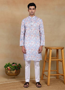 Delicate Lavender Linen Printed Kurta Pyjama