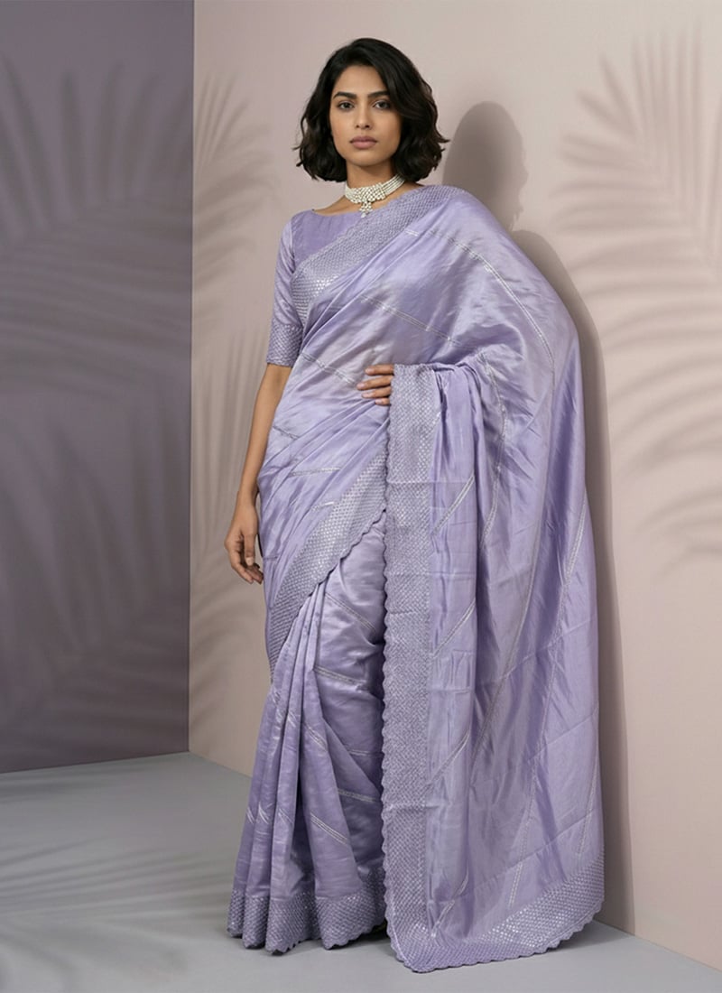 Delicate Lavender Rasberry Silk Hand Embroidered Saree After Six Wear