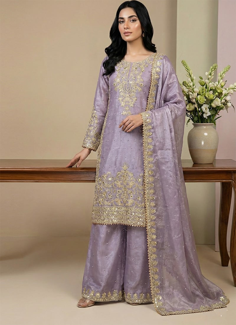 Delicate Lavender Silk Embroidered Sequins Coding Palazzo Suit Festive Wear