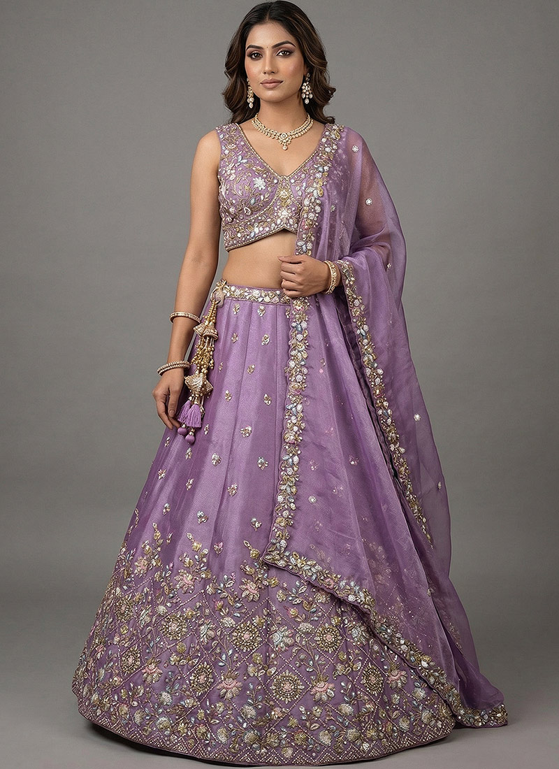 Delicate Lavender Tissue Embroidered Umbrella Lehenga Wedding Wear