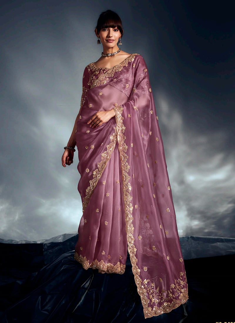 Delicate Lavender Tissue Moti Sequins Saree Wedding Wear