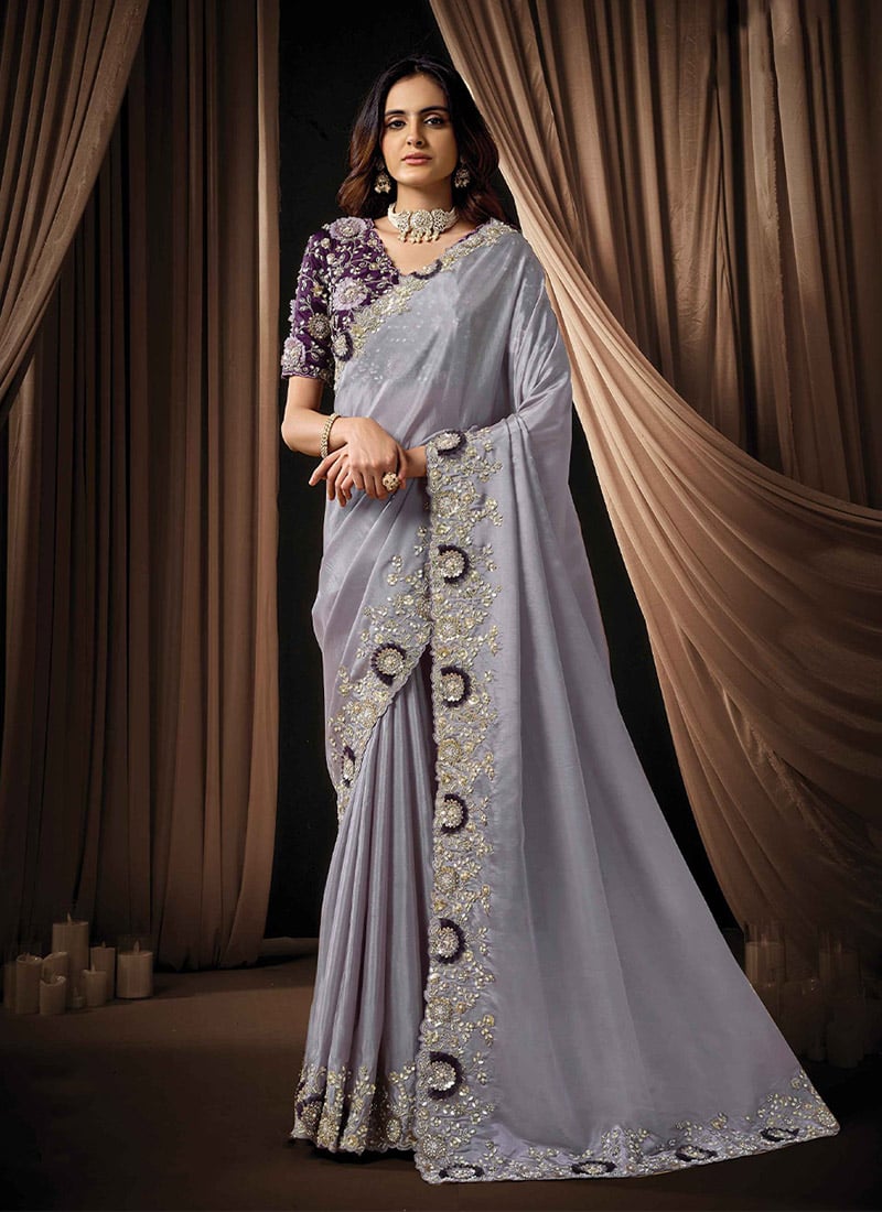 Delicate Lavender Upada Silk Sequins Beads Hand Embroidered Stones Saree Wedding Wear
