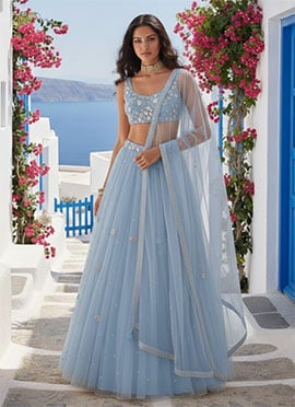 Delicate Light Blue Net Zari Sequins Hand Embroidered Stones Umbrella Lehenga