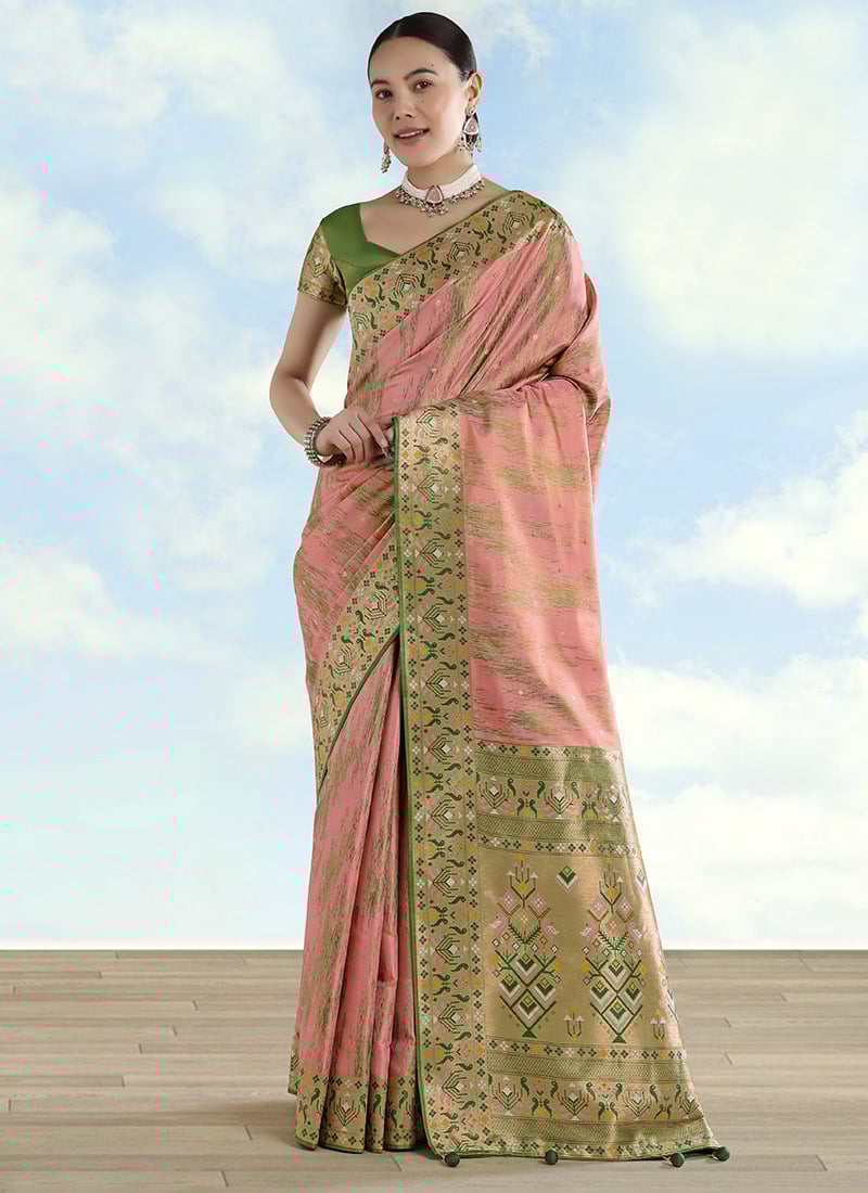 Delicate Light Pink Banarasi Tissue Silk Zari Paithani Woven Saree Festive Wear