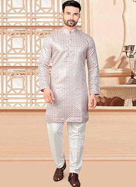 Delicate Light Pink Jacquard Silk Sequins Kurta Pyjama