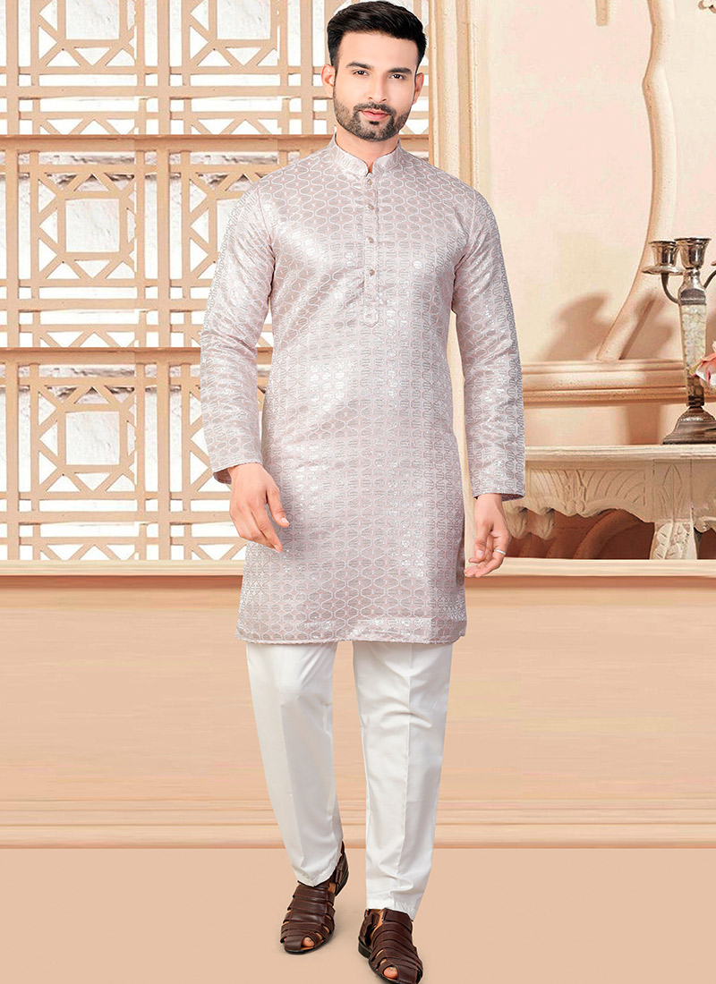 Delicate Light Pink Jacquard Silk Sequins Kurta Pyjama Festive Wear