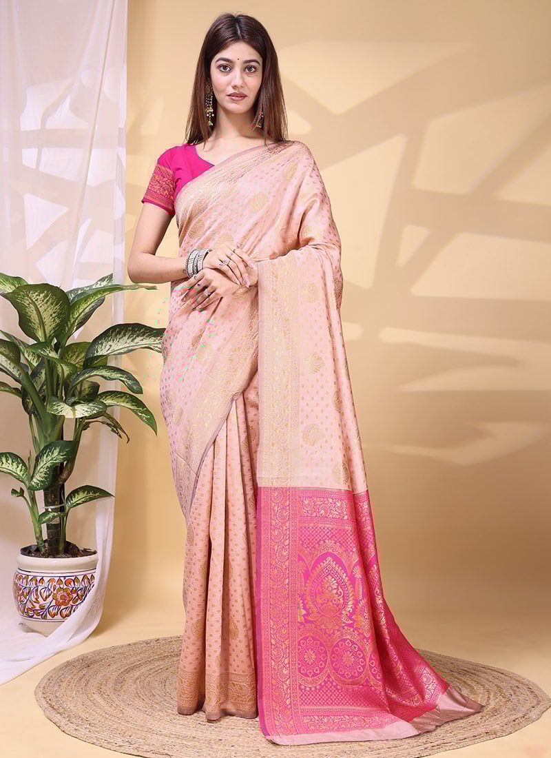 Delicate Light Pink Lichi Silk Jacquard Saree Festive Wear