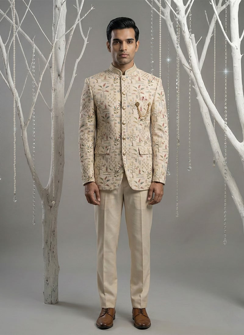 Delicate Light Pink Silk Sequins Embroidered Thread Bandhgala Suit Wedding Wear