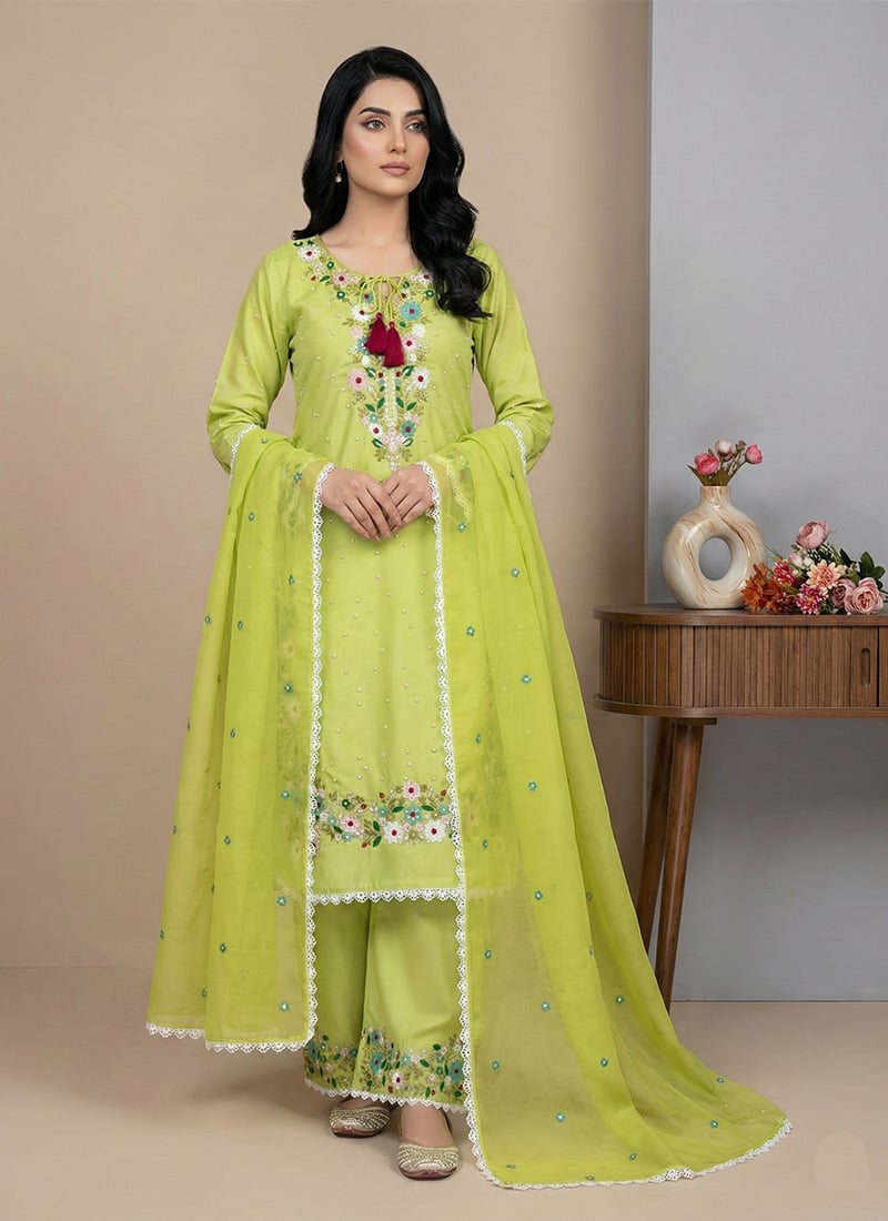 Delicate Light Yellow Faux Georgette Embroidered Sequins Straight Pant Suit Festive Wear