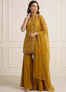 Delicate Mustard Faux Georgette Embroidered Sharara Suit