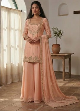 Delicate Peach Georgette Zari Sequins Palazzo Suit