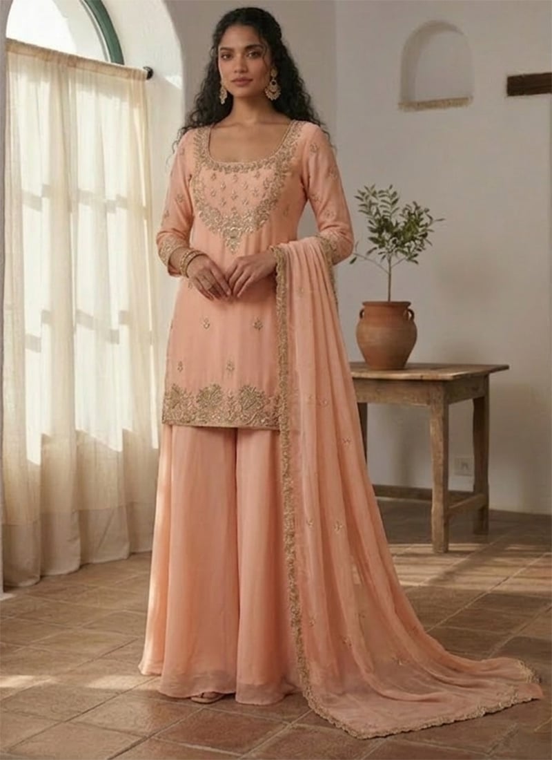 Delicate Peach Georgette Zari Sequins Palazzo Suit Festive Wear