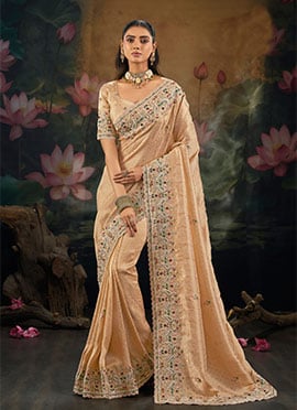Delicate Peach Kanjivaram Silk Zari Resham Embroidered Moti Cutdana Lace Work Saree