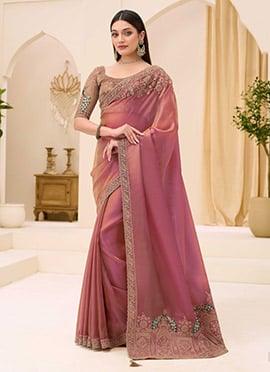 Delicate Pink Georgette Embroidered Sequins Zari Beads Thread Saree