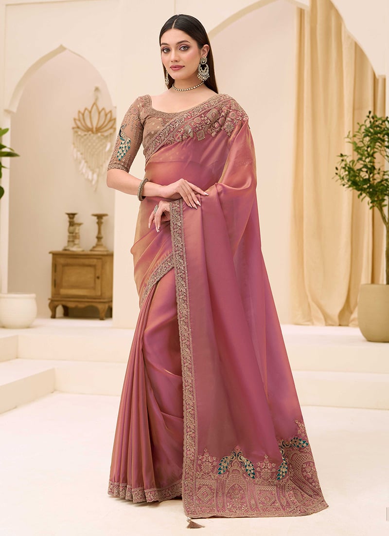Delicate Pink Georgette Embroidered Sequins Zari Beads Thread Saree Wedding Wear