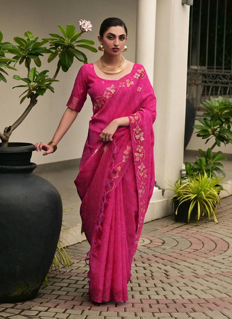 Delicate Pink Jute Linen Silk Zari Woven Saree Festive Wear