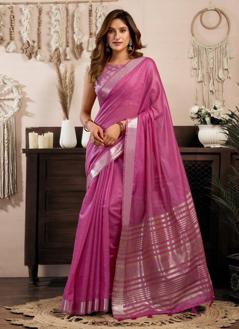 Delicate Pink Khadi Cotton Zari Saree Festive Wear
