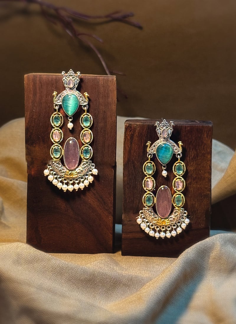 Delicate Pink Kundan Beads Oxidised Chandeliers Festive Wear