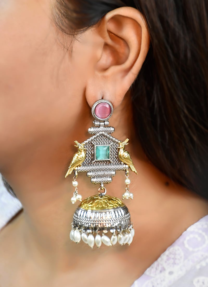 Delicate Pink Kundan Beads Oxidised Jhumka Festive Wear