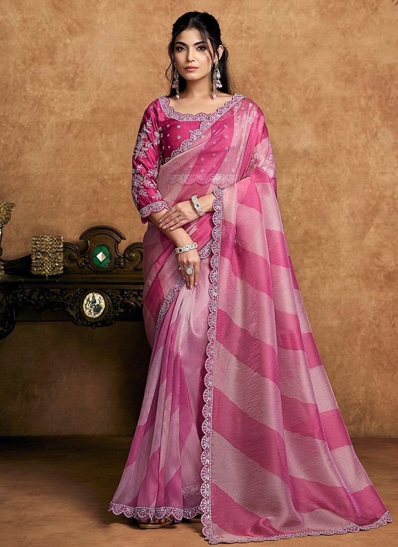 Delicate Pink Organza Satin Embroidered Stone Beads Sequins Zari Saree Wedding Wear