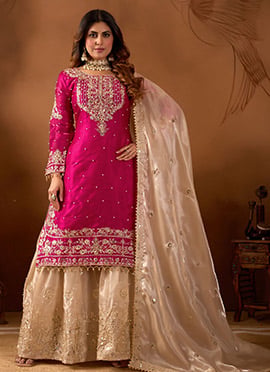 Delicate Pink Organza Silk Zari Thread Embroidered Sharara Suit