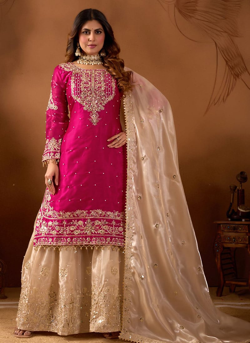 Delicate Pink Organza Silk Zari Thread Embroidered Sharara Suit Festive Wear