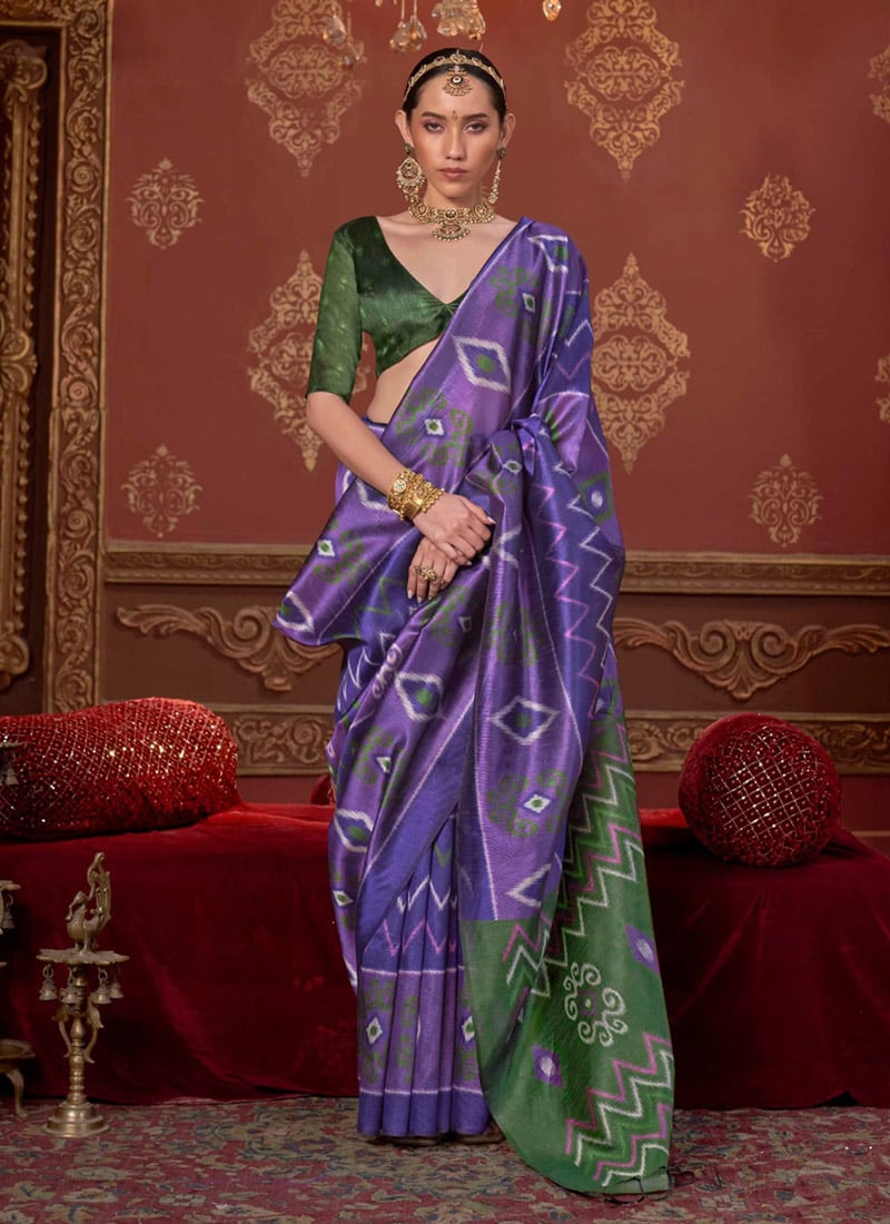 Delicate Purple Silk Ikkat Print Saree Festive Wear