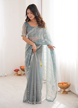 Delicate Sky Blue Net Sequins Cutdana Work Saree