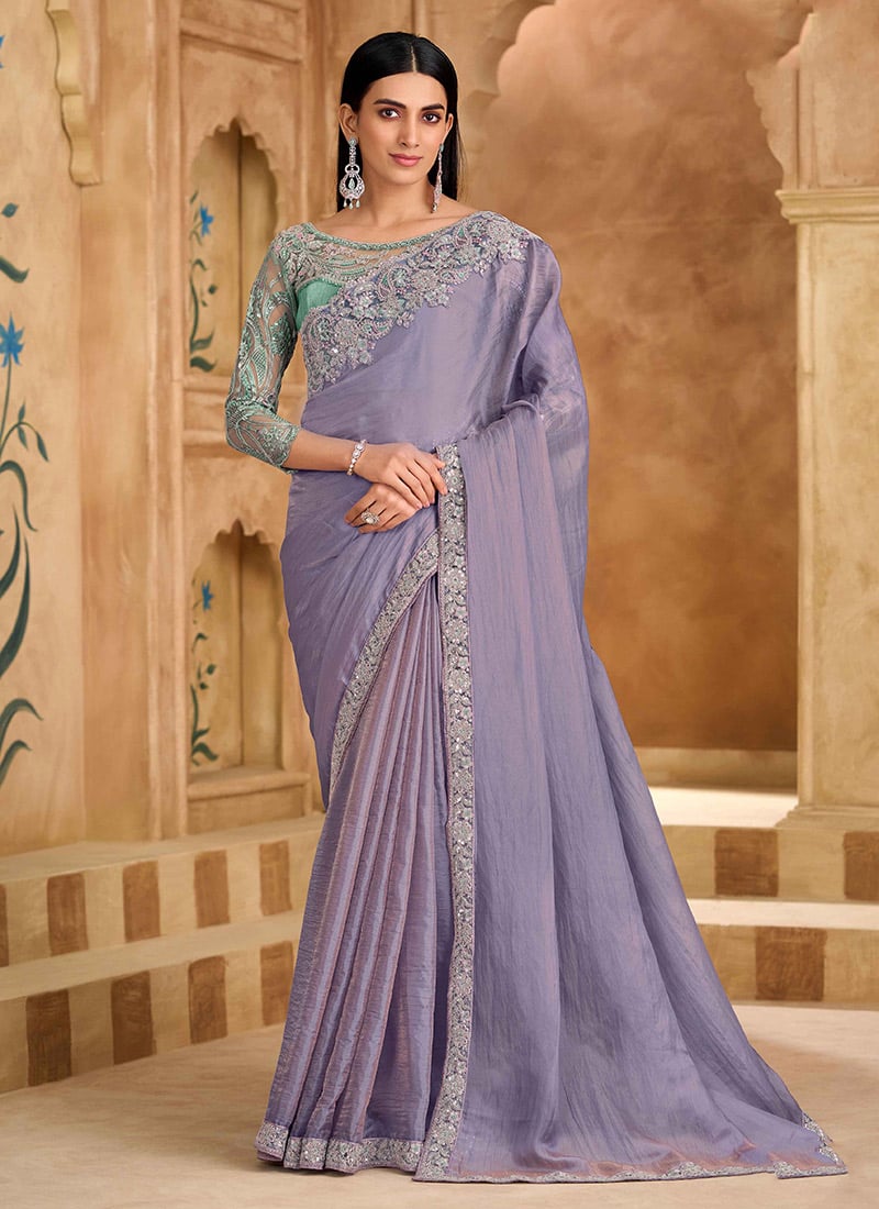 Delicate Sparkle Lavender Chiffon Embroidered Sequins Zari Saree Wedding Wear