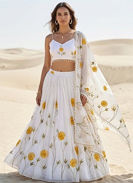 Delicate White Organza Hand Painted Floral Print Umbrella Lehenga