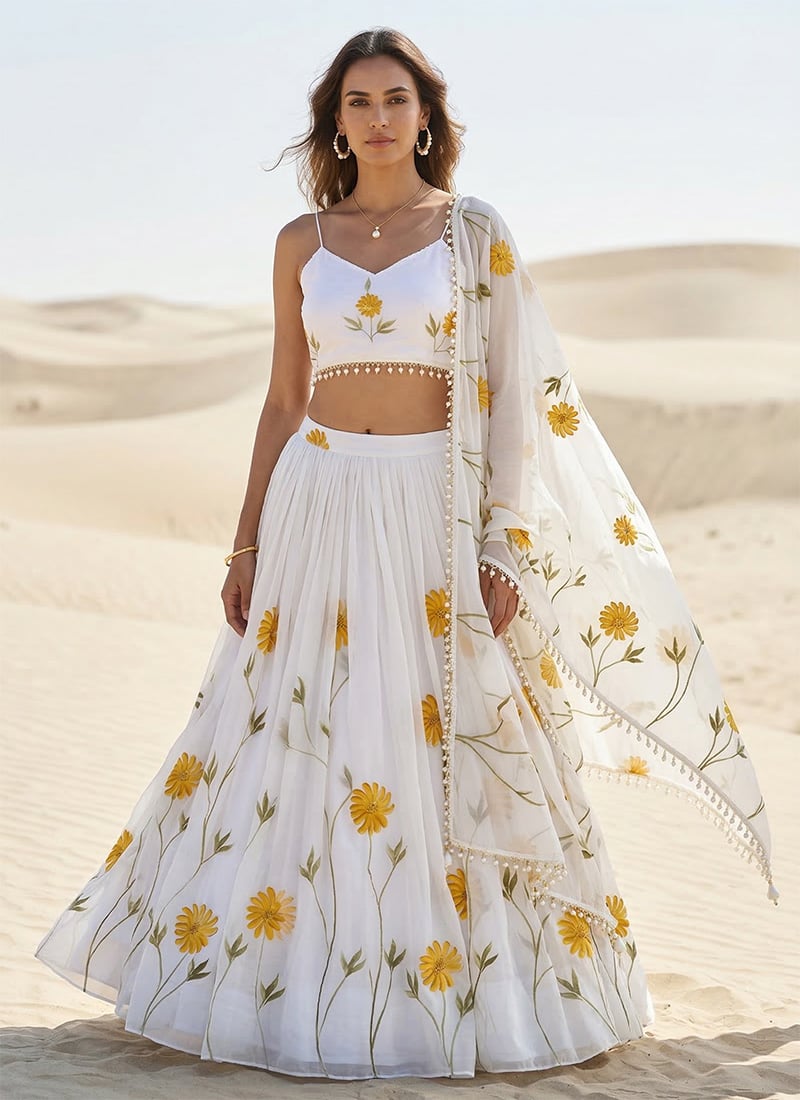 Delicate White Organza Hand Painted Floral Print Umbrella Lehenga After Six Wear