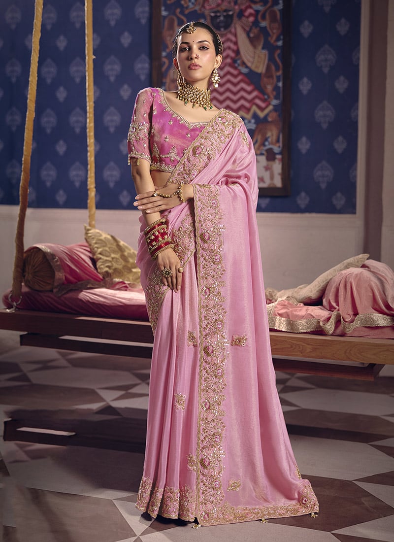 Delightful Baby Pink Viscose Tissue Beads Embroidered Sequins Saree Wedding Wear