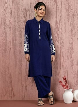 Delightful Blue Satin Blend Embroidered Resham Palazzo Suit