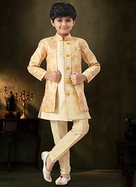 Delightful Fawn Banarasi Jacquard Zari Stone Work Kids Boys Indowestern Sherwani
