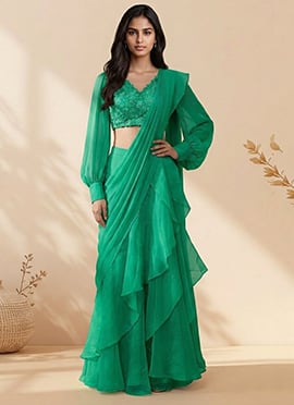 Delightful Green Organza Sequins Stones Hand Embroidered Saree