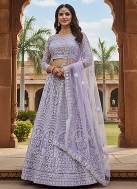 Delightful Lavender Net Heavy Thread Embroidery Work Umbrella Lehenga