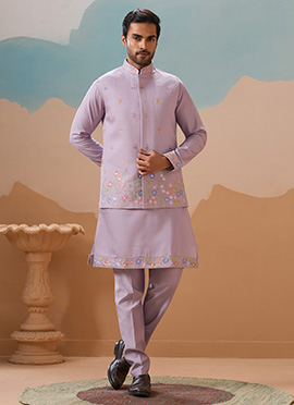 Delightful Lavender Viscose Silk Embroidered Sequins Thread Bandi Set