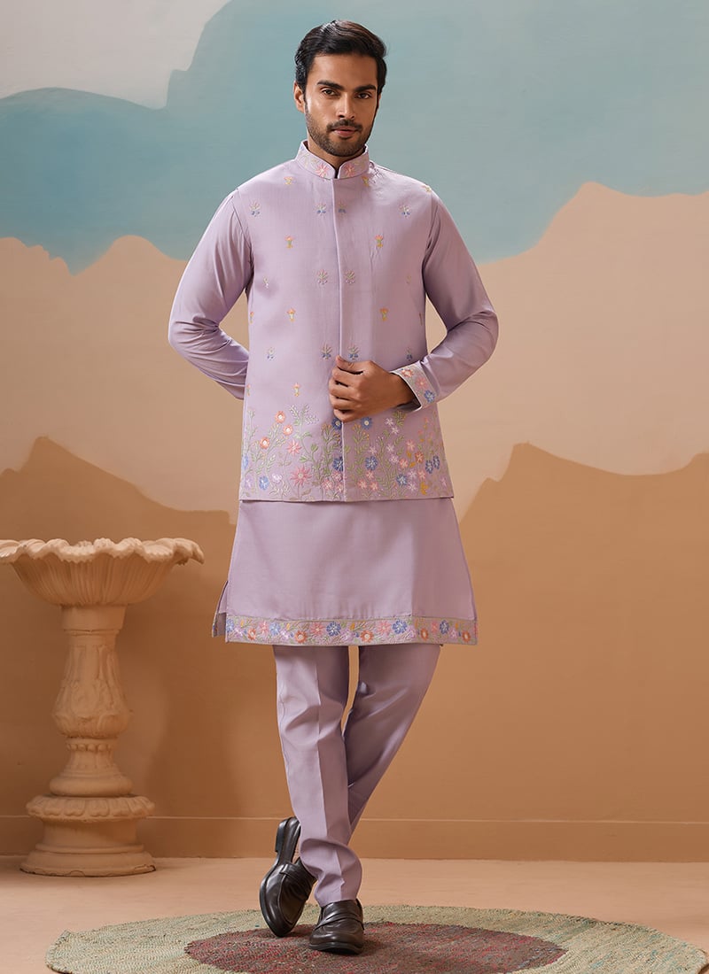 Delightful Lavender Viscose Silk Embroidered Sequins Thread Bandi Set Wedding Wear