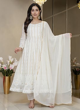 Delightful Off White Blooming Embroidered Sequins Anarkali Suit