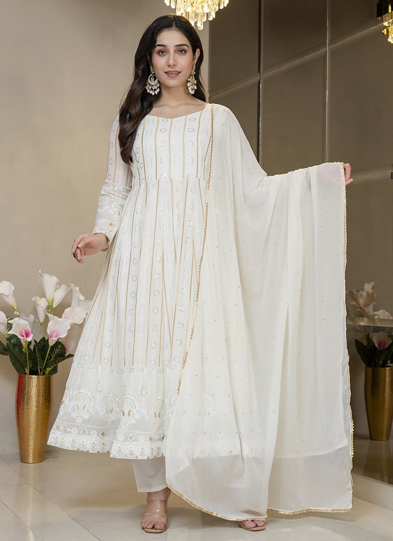 Delightful Off White Blooming Embroidered Sequins Anarkali Suit After Six Wear