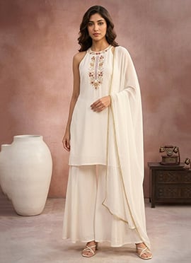 Delightful Off White Faux Georgette Resham Embroidered Palazzo Suit